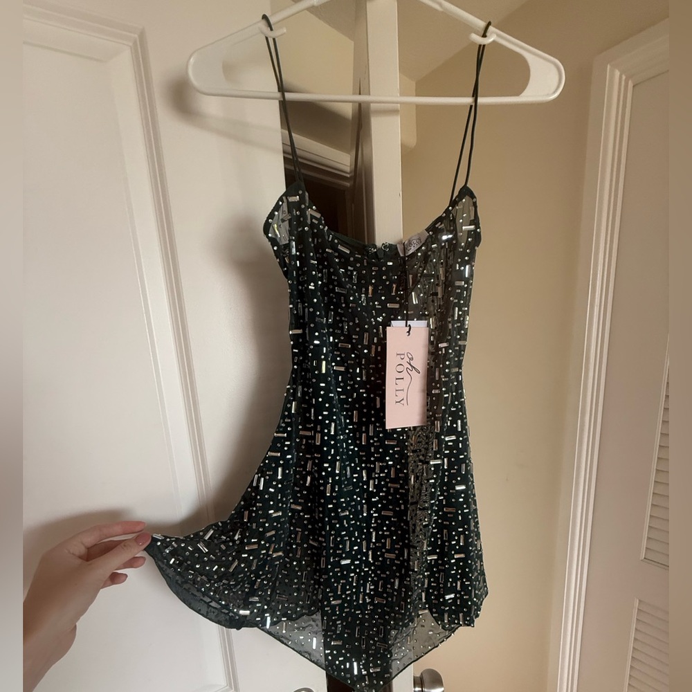 Oh Polly Sheer Embellished Dress in Emerald, Size 4, NWT